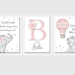 Baby Elephant Boys Personalised A4 Or A3 Nursery Set Of Unframed Prints Pink Animal Cloud Stars Balloon Dream Big Twinkle - thumbnail 2