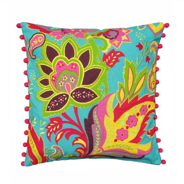 Turquoise Stylized Floral Embroidered Cushion Cover - image 1