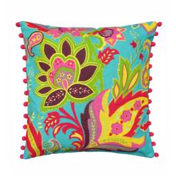 Turquoise Stylized Floral Embroidered Cushion Cover - thumbnail 1