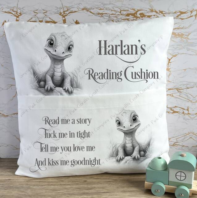 Personalised Cushion, Pocket Child Pillow, Book Holder, Pillow For Child, Sleep Aid, Dinosaur - image 1