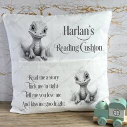Personalised Cushion, Pocket Child Pillow, Book Holder, Pillow For Child, Sleep Aid, Dinosaur - thumbnail 1