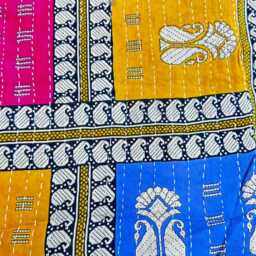 Vintage Handmade Kantha Stitch Sofa Throw - Beach Camper Van Quirky Colours Musted Pink Blue -Geometric - thumbnail 4
