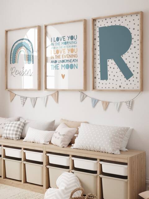 Set Of 3, Boys Nursery Decor, Rainbow Wall Art, Muted Blue, Bedroom Baby Boy, Loved, Crib, Prints - image 1