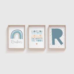 Set Of 3, Boys Nursery Decor, Rainbow Wall Art, Muted Blue, Bedroom Baby Boy, Loved, Crib, Prints - thumbnail 2