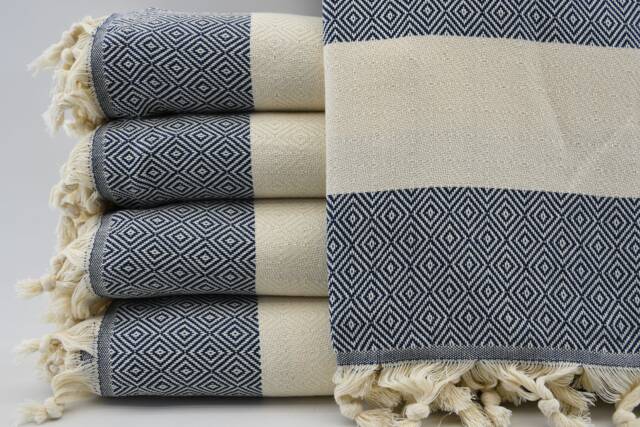 "Navy Blue Bedspread, Aztec Blanket, Diamond Blanket, Long Blanket, Beach Throw, Bed Rug, Turkish Blanket, 79""x95" - image 1