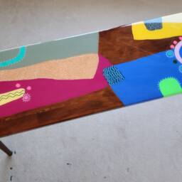 Pink Abstract Resin Side Coffee Table, Unusual Oval Funky Colorful Art - thumbnail 2
