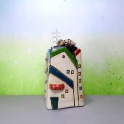 Handmade Ceramic House Sculpture, Miniature Colorful With Cats - thumbnail 3