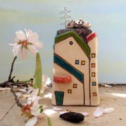 Handmade Ceramic House Sculpture, Miniature Colorful With Cats - thumbnail 1