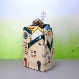 Handmade Ceramic House Sculpture, Miniature Colorful With Cats - thumbnail 2