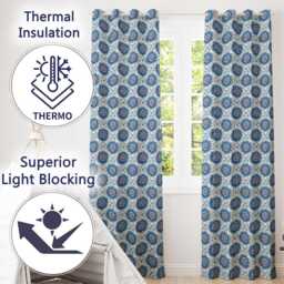 Blue Floral Starburst Mandala Seamless Pattern Decorative Tile Style Design Readymade Eyelet Ring Top Thermal 100% Blackout Curtains - thumbnail 3