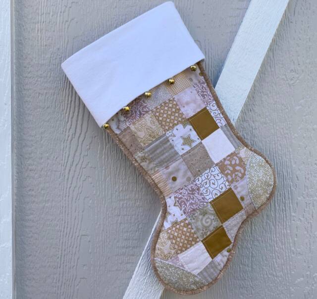 Gold & Beige Scrappy Quilted Christmas Stocking, Cottton Patchwork, Personalized Free, Large Size, Fully Lined, Flannel Cuff W Jingle Bells - image 1