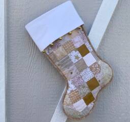 Gold & Beige Scrappy Quilted Christmas Stocking, Cottton Patchwork, Personalized Free, Large Size, Fully Lined, Flannel Cuff W Jingle Bells