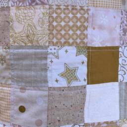 Gold & Beige Scrappy Quilted Christmas Stocking, Cottton Patchwork, Personalized Free, Large Size, Fully Lined, Flannel Cuff W Jingle Bells - thumbnail 3