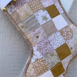 Gold & Beige Scrappy Quilted Christmas Stocking, Cottton Patchwork, Personalized Free, Large Size, Fully Lined, Flannel Cuff W Jingle Bells - thumbnail 2