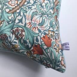 Art Nouveau Style Accent Pillow, William Morris Design Golden Lily Autumn, Duck Egg Blue Back, Handmade For You - thumbnail 2
