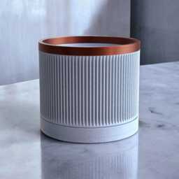 Ribbed Marble White Plant Pot With Bronze Accent Modern Planter Drainage - thumbnail 3