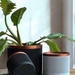 Ribbed Marble White Plant Pot With Bronze Accent Modern Planter Drainage - thumbnail 4