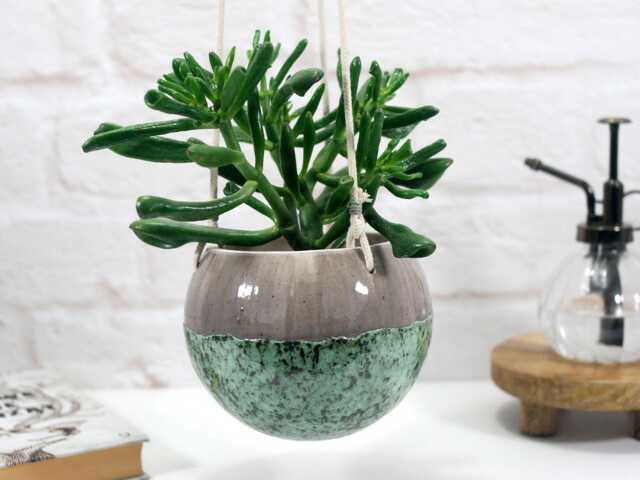 Handmade Ceramic Hanging Planter With Speckled Green Patterns - Wall Rustic Decor Indoor Outdoor Use Garden - image 1