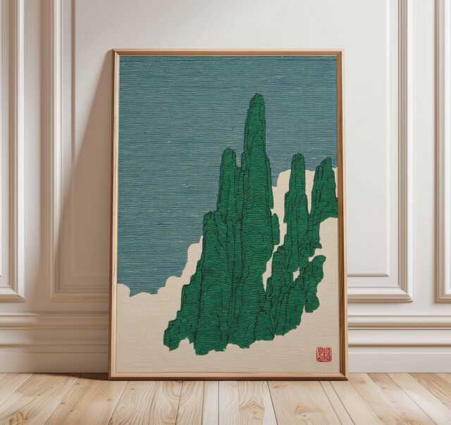 Japanese Mountain Poster, Minimalist Zen Wall Art Print, Modern Nature Artwork, Green Landscape Decor, Calm Asian Home Print - image 1