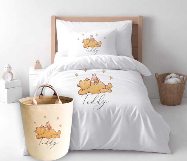 Personalised Pooh Bear Duvet Set Toy Basket, Microfibre Kids Bedding With Cushion - image 1