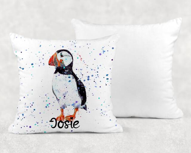Personalised Watercolour Puffin Cushion, Cuddle Pillow, Birthday Gift, Bird Gift - image 1