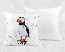Personalised Watercolour Puffin Cushion, Cuddle Pillow, Birthday Gift, Bird Gift - thumbnail 1