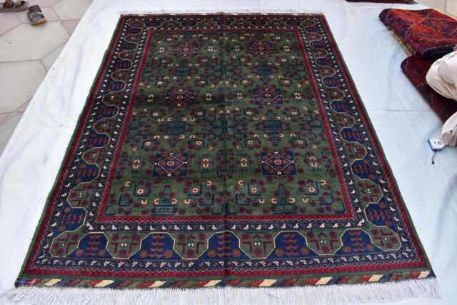 5x7 Green Bokhara Handmade Wool Carpet - Turkmen Traditional Rug High Pile - image 1