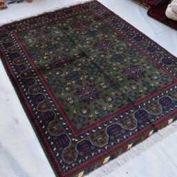 5x7 Green Bokhara Handmade Wool Carpet - Turkmen Traditional Rug High Pile - thumbnail 2