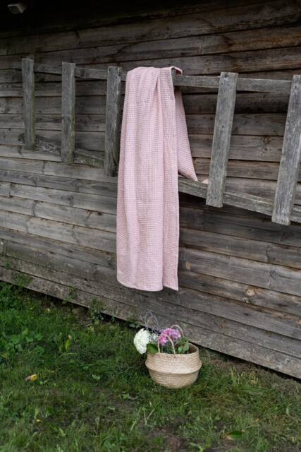 Pink Linen Throw Blanket Waffle Weave, Soft Cotton Blend - image 1