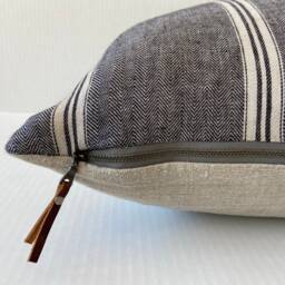 Black & Tan Striped Linen Pillow Cover 100% Exposed Zipper-Leather Pull 14x24 20x20 High Quality Housewarming Gift