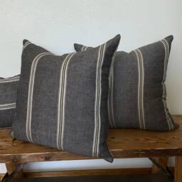 Black & Tan Striped Linen Pillow Cover 100% Exposed Zipper-Leather Pull 14x24 20x20 High Quality Housewarming Gift - thumbnail 3