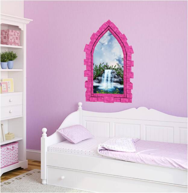 Fairy Tale Stone Waterfall Castle Window Wall Decal 3D Sticker Mural For Childrens Bedroom Playroom Decor - image 1