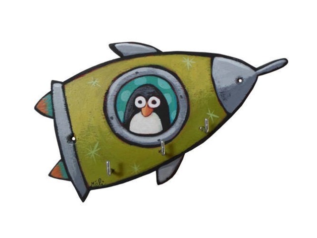 Painted Wooden Penguin Rocket Key Hanger - image 1