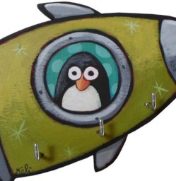 Painted Wooden Penguin Rocket Key Hanger - thumbnail 2