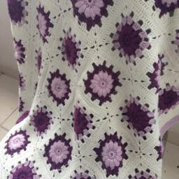 Handmade Crocheted Afghan Blanket, Purple & White Baby Blanket - thumbnail 4