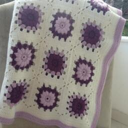 Handmade Crocheted Afghan Blanket, Purple & White Baby Blanket - thumbnail 3