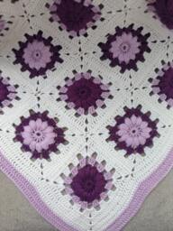 Handmade Crocheted Afghan Blanket, Purple & White Baby Blanket - thumbnail 1