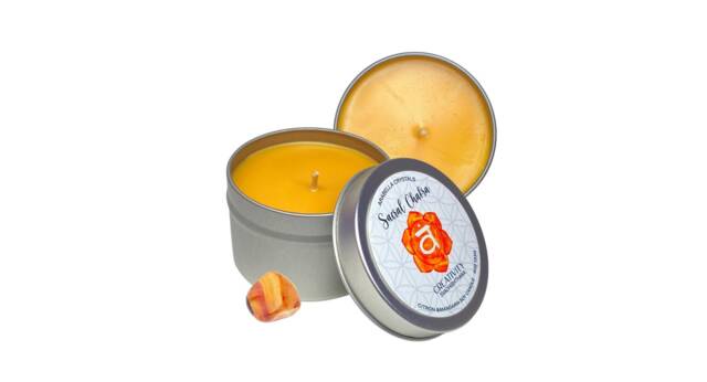 Sacral Chakra Candle Tin Citron Mandarin Scent, Carnelian Agate Crystal - image 1