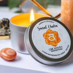 Sacral Chakra Candle Tin Citron Mandarin Scent, Carnelian Agate Crystal - thumbnail 2