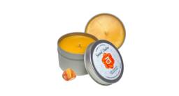 Sacral Chakra Candle Tin Citron Mandarin Scent, Carnelian Agate Crystal - thumbnail 1