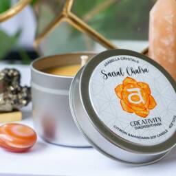 Sacral Chakra Candle Tin Citron Mandarin Scent, Carnelian Agate Crystal - thumbnail 3