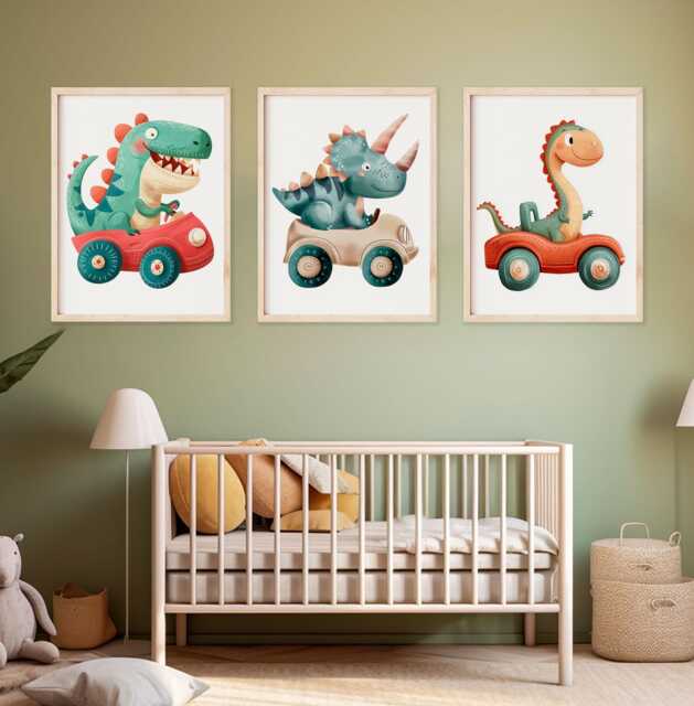 Dinosaur Race Car Print Set Playroom Nursery Wall Art - image 1