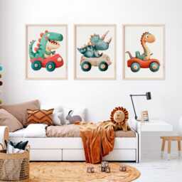 Dinosaur Race Car Print Set Playroom Nursery Wall Art - thumbnail 3