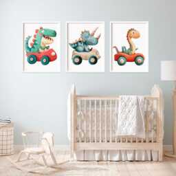 Dinosaur Race Car Print Set Playroom Nursery Wall Art - thumbnail 2