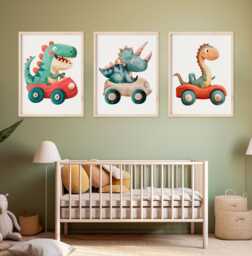 Dinosaur Race Car Print Set Playroom Nursery Wall Art - thumbnail 1