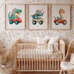 Dinosaur Race Car Print Set Playroom Nursery Wall Art - thumbnail 4