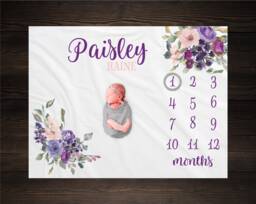 Purple Floral Milestone Blanket, Baby Month Girl Track Growth, Keepsake Shower Gift, Newborn