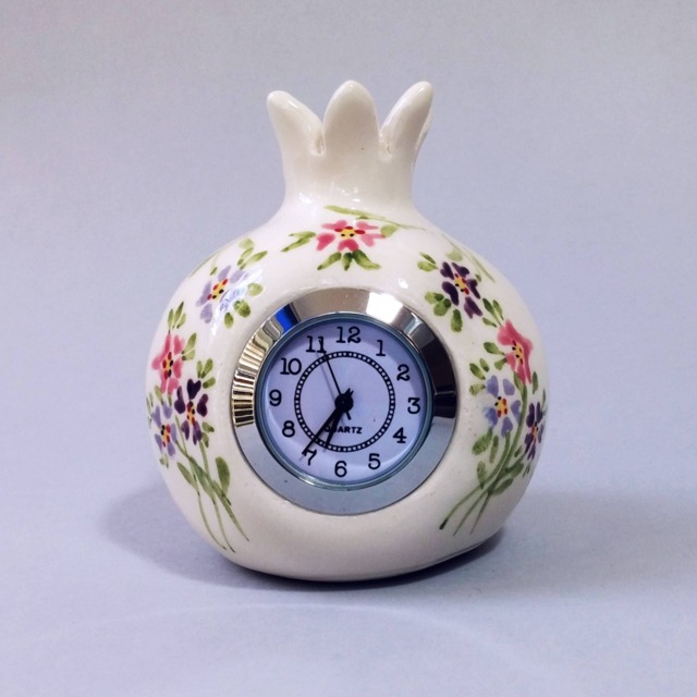 Pomegranate Desk Clock White Ceramic With Floral Decoration - image 1
