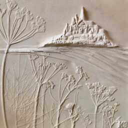 Le Mont St Michel & Wild Flower Bas Relief, Fossil Art, Plaster Art - thumbnail 1