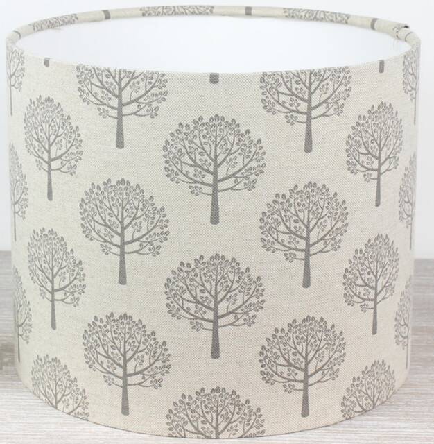 Handmade Linen Drum Lampshade, Grey Tree Print, Woodland Decor - image 1